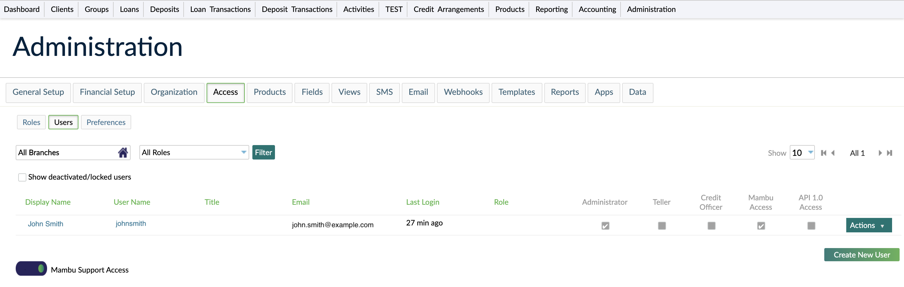 Users screen. All defined users are displayed here